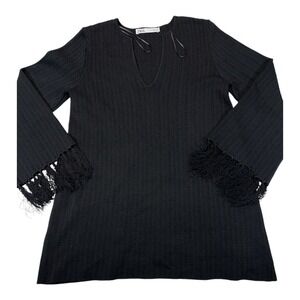 ZARA Womens Black Knit Fringe Mini Dress Bell Sleeve‎ V Neck Boho Festival